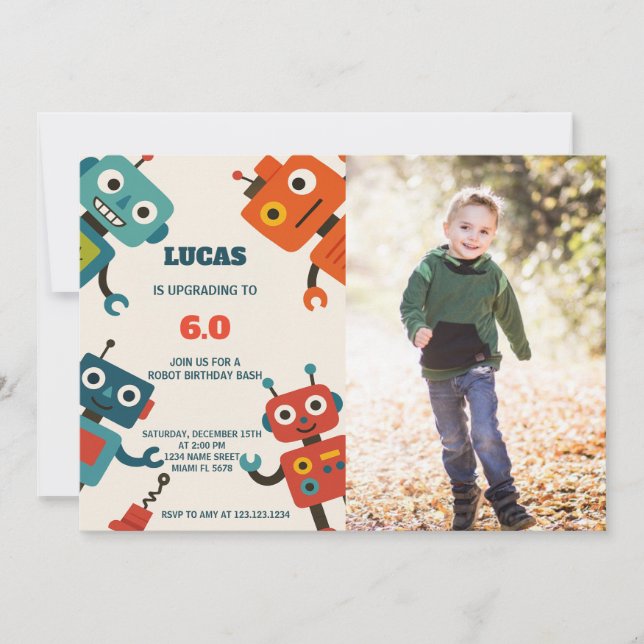 Modern robot Birthday-inbjudan med foto Inbjudningar (Framsida)