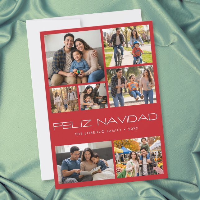 Modern röd 7 Foto Collage Feliz Navidad Julkort (Modern Red 7 Photo Collage Feliz Navidad Holiday Card
)
