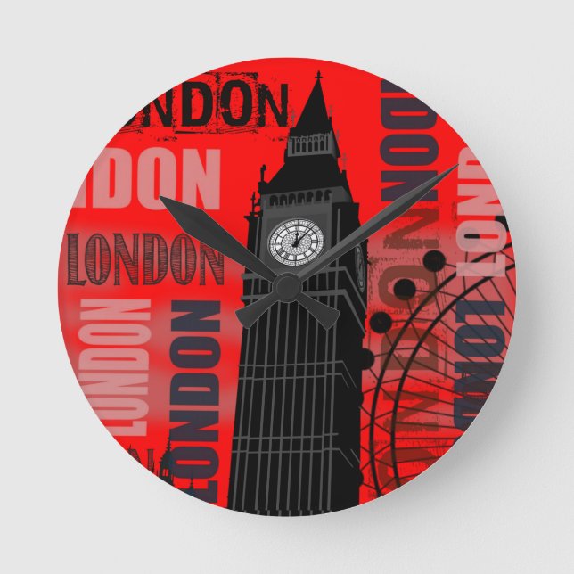 Modern röd bakgrund för stora Ben London Collage Rund Klocka (Framsida)