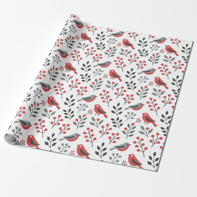 Modern röd bär julfågel  presentpapper (Utrullad)