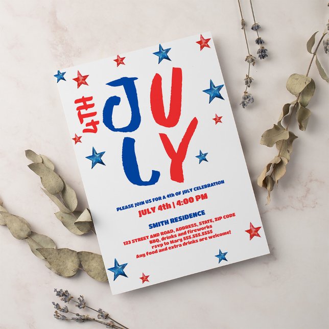 Modern röd, blå, vattendypografi 4 juli inbjudningar (Skapare uppladdad)