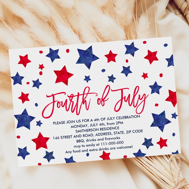 Modern röd blåfärgstjärna 4:e juli inbjudningar (Modern red blue watercolor stars 4th of July Invitation)