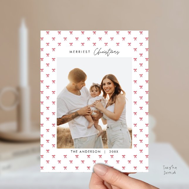 Modern röd bow-mönster familjefoto jul vykort (Modern Red Bow Pattern Family Photo Christmas Postcard in Vintage theme)
