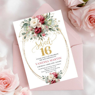 Modern röd burgundergul blomster Sweet 16 inbjudan