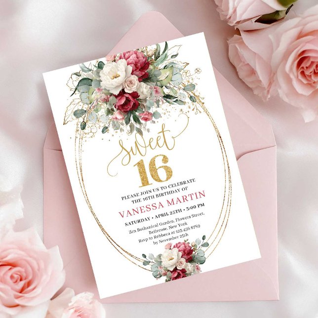 Modern röd burgundergul blomster Sweet 16 inbjudan (Modern Red Burgundy Gold Floral Sweet 16 Invitation)