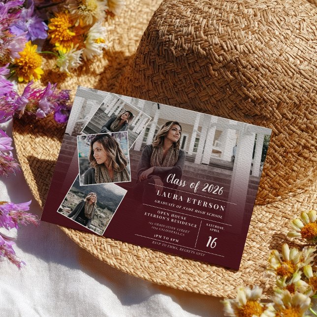 Modern röd burgundisk minimalistisk bild studenten inbjudningar (Modern red burgundy minimalist photo graduation invitation)