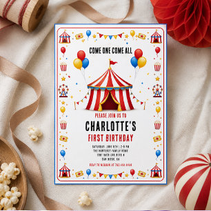 Modern Röd Cirkus Biljett 1:a Födelsedag Valfrit Inbjudningar
