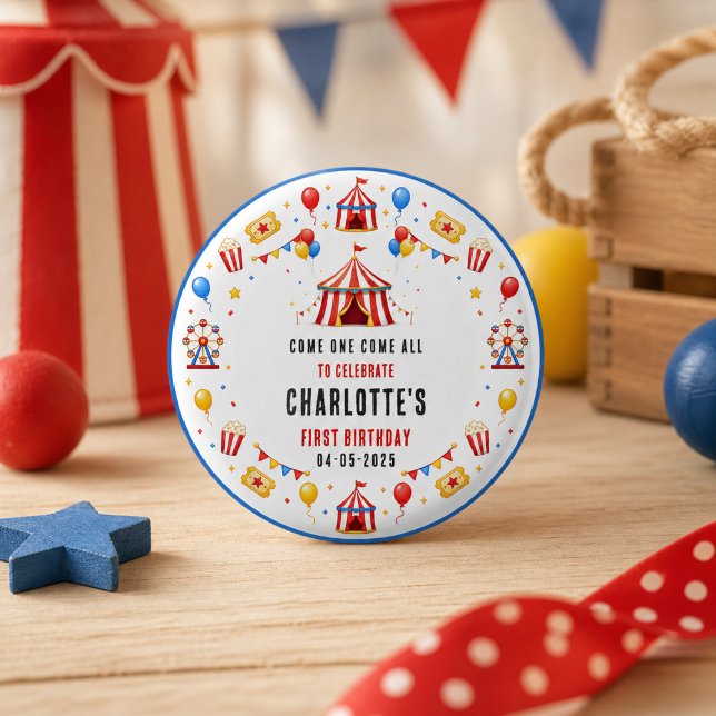 Modern röd cirkusbiljett 1-årsdag | Alla kön Knapp (Modern Red Circus Ticket 1st Birthday | Any Gender Button
)