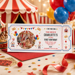 Modern röd cirkusbiljett 1-årsdag | Könsneutral Inbjudningar