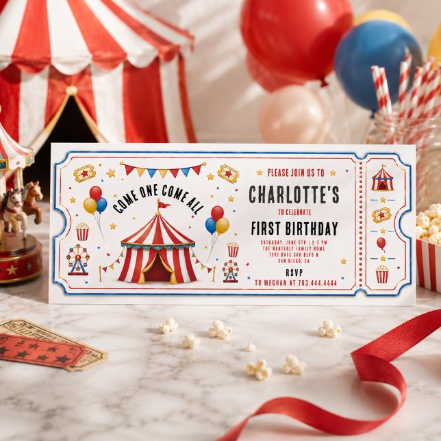 Modern röd cirkusbiljett 1-årsdag | Könsneutral Inbjudningar (Modern Red Circus Ticket 1st Birthday | Any Gender Invitation
)