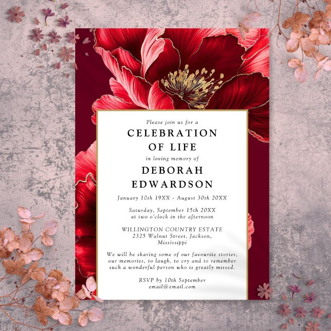 Modern röd elegant blomsterfirande av livet inbjudningar (Modern Red Elegant Floral Celebration Of Life Invitation)
