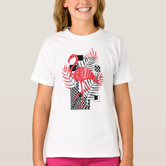Modern röd flamingo botanisk konst - minimalistisk t shirt (Framsida)