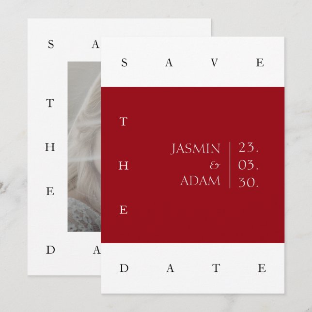 Modern röd fotobryllupps inbjudan Save The Date (Fram/baksida)