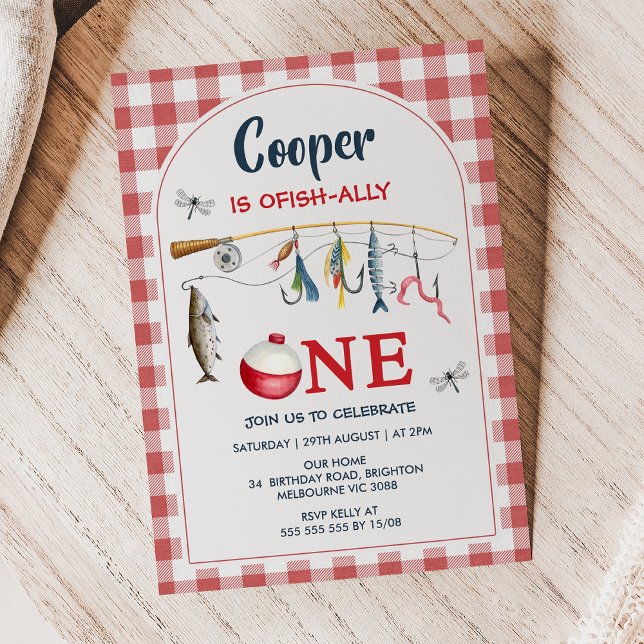 Modern röd gingham Ofishally ett 1-års födelsedag Inbjudningar (Ofishally One Invitation Template, Ofishally One Invite, Boys Birthday Invitation Ofishally One
)