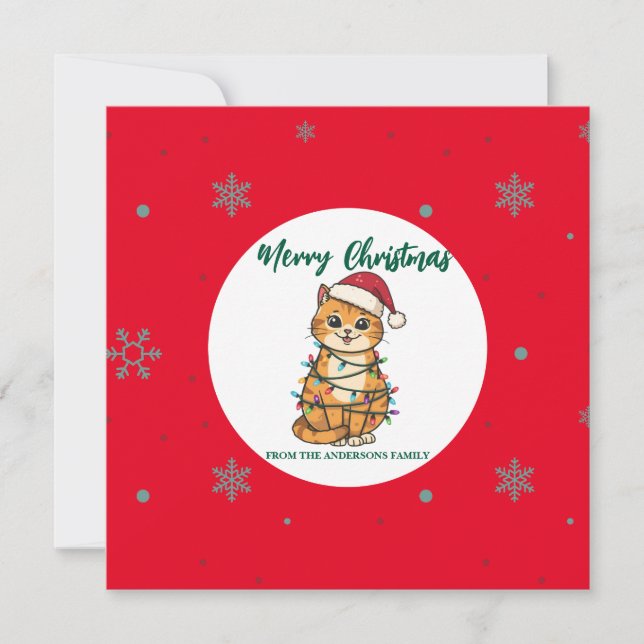 modern röd glad katt snöflinga jul katt Cat Julkort (Framsida)