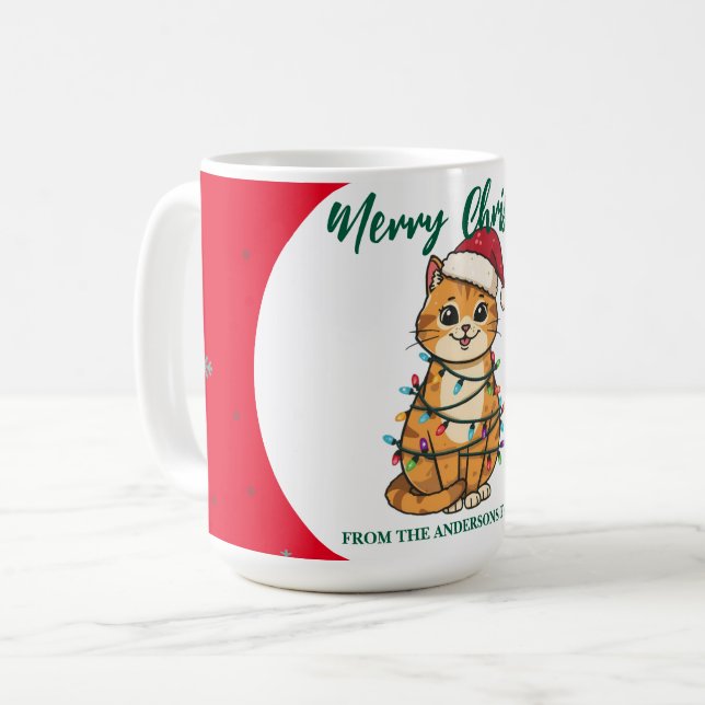 modern röd glad katt snöflinga jul kattunge Ca Kaffemugg (Framsida vänster)