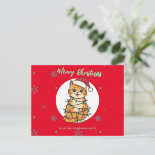 Modern röd glad katt snöflinga jul kattunge helg vykort