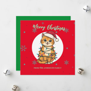 Modern röd glad katt snöflinga jul kattunge julkort