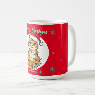 Modern röd glad katt snöflinga jul kattunge kaffemugg