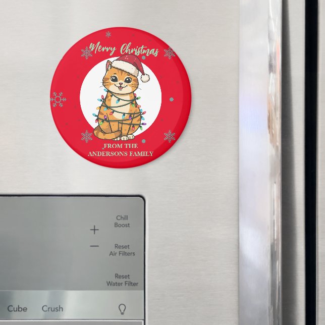 Modern röd glad katt snöflinga jul kattunge magnet (In Situ (Fridge))