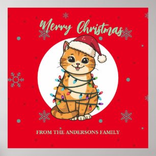 Modern röd glad katt snöflinga jul kattunge poster