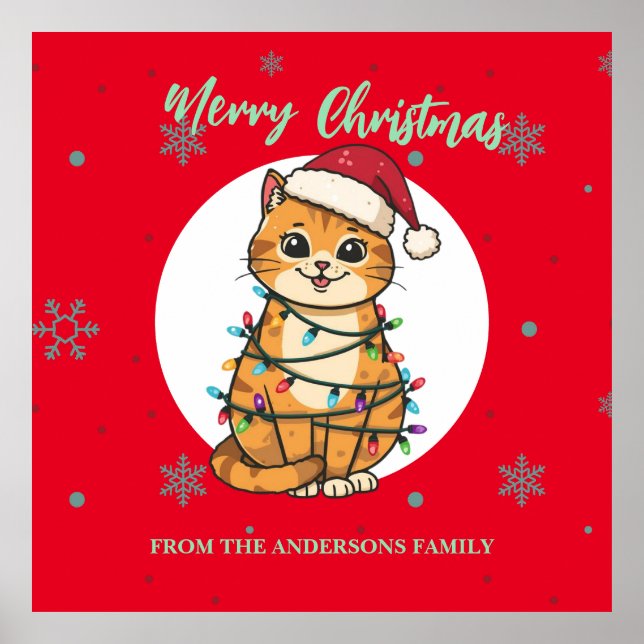 Modern röd glad katt snöflinga jul kattunge poster (Framsidan)