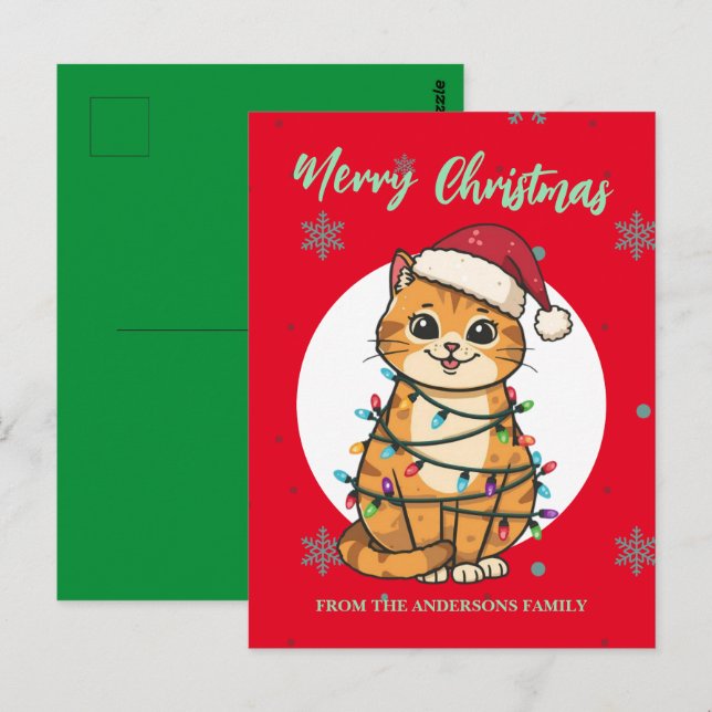 Modern röd glad katt snöflinga jul kattunge vykort (Fram/baksida)
