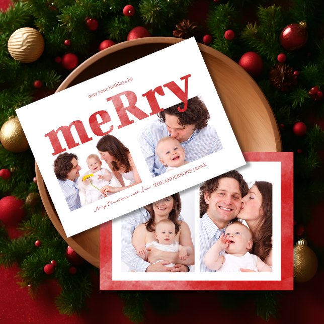 Modern röd ”Glad” typografi Foto Familj Julkort (Modern Red “Merry” Typography Photo Family Holiday Card)
