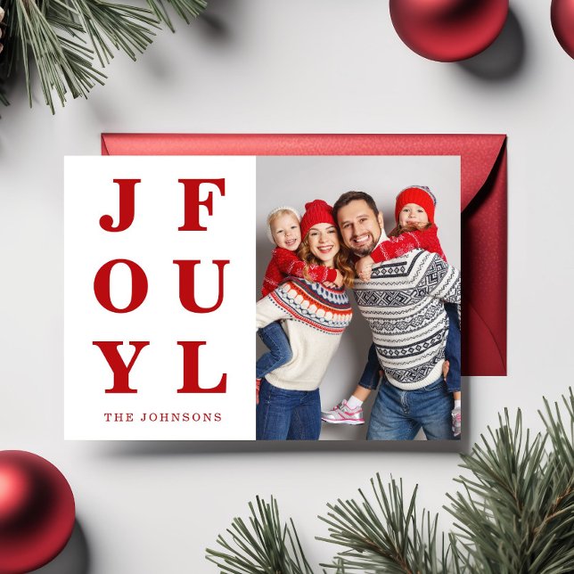 Modern Röd Glädjefull Foto Jul Julkort (Modern Red Joyful Photo Christmas Holiday Card)