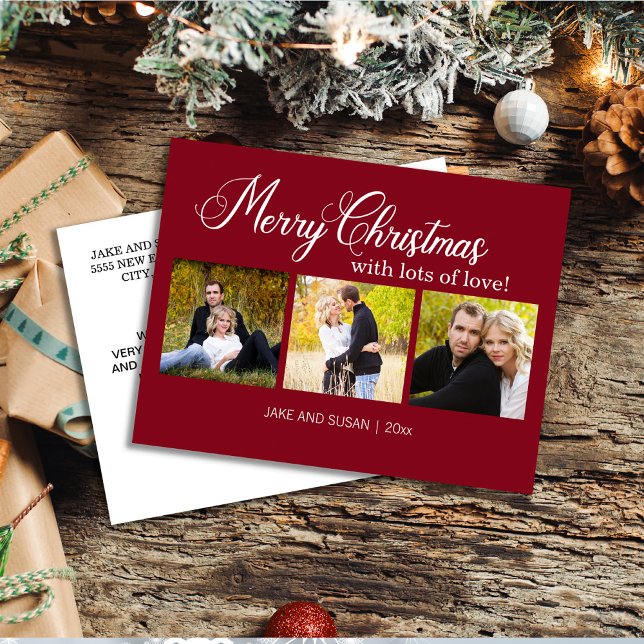 Modern röd God Jul 3 Foto År Helg Vykort (Red/burgundy 3-photo Christmas greeting postcard)