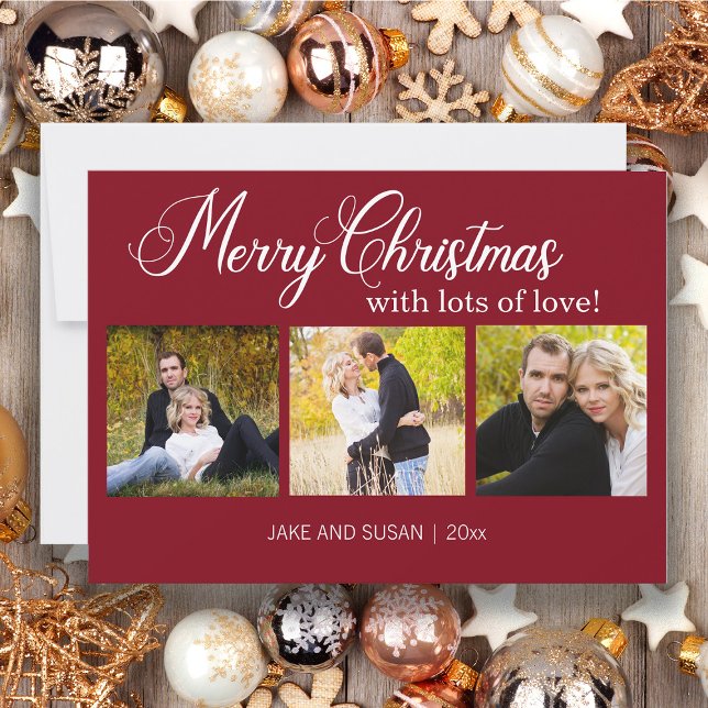Modern Röd God Jul Kärlek År 3 Foto Julkort (Red 3-photo Christmas greeting card)
