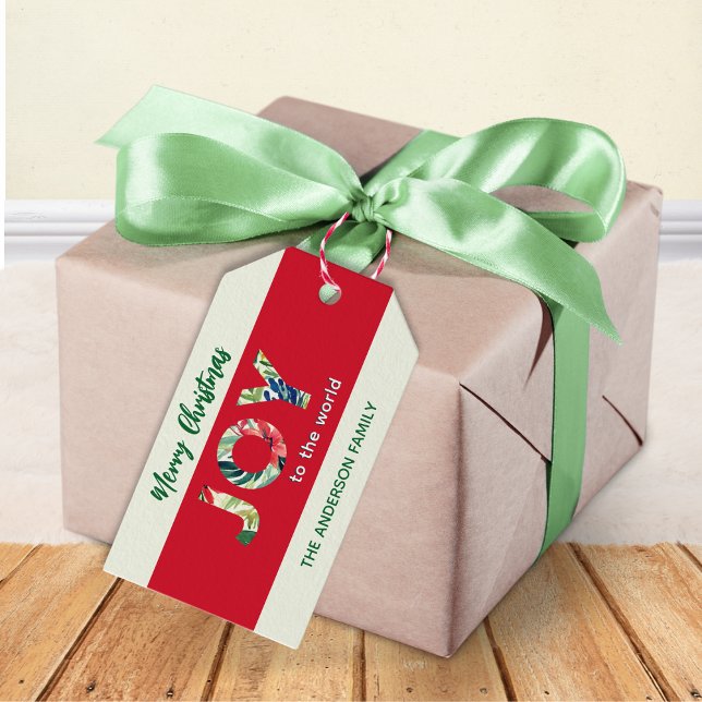 Modern röd grön glädje till världen God Jul Presentetikett (A custom gift tag with 'Joy to the world' and 'Merry Christmas' on red and light pistachio green)