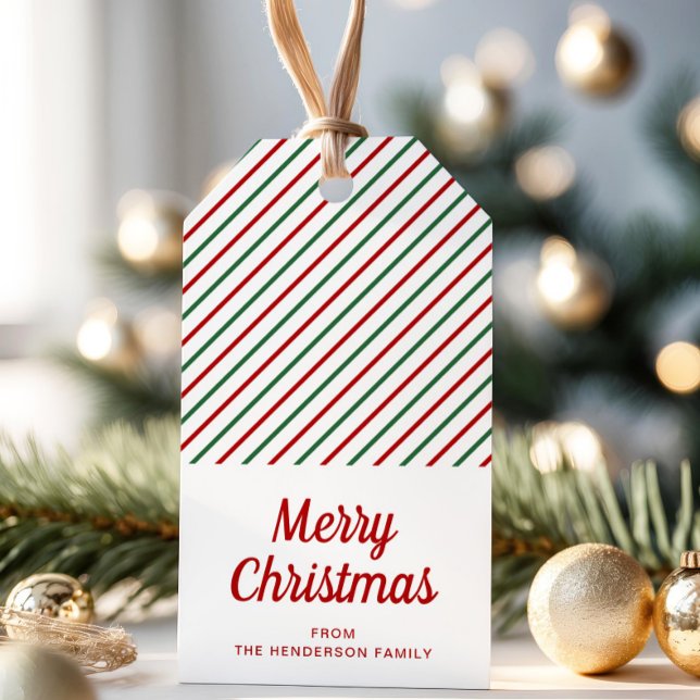 Modern röd grön randig jul presentetikett (Modern Red Green Striped Christmas Gift Tags)