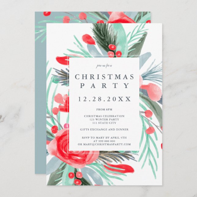 Modern röd grönt blommigt, vattenfärg jul party inbjudningar (Fram/baksida)