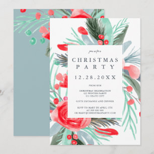 Modern röd grönt blommigt, vattenfärg jul party inbjudningar