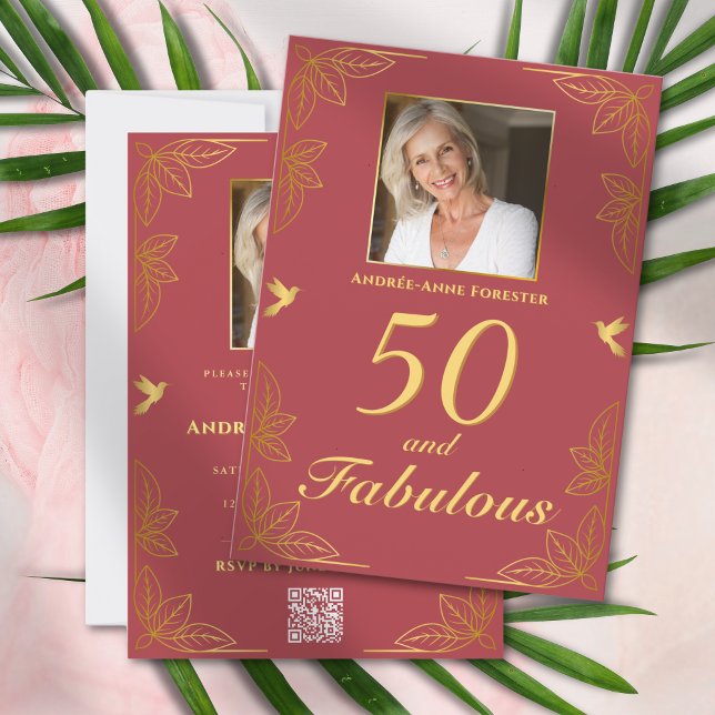 Modern Röd Guld 50 Fantastiska QR Kod Födelsedag Inbjudningar (Skapare uppladdad)