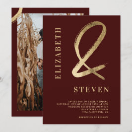 Modern röd guld ampersand namn fotot bröllop inbjudningar