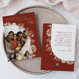 Modern Röd Guld Blommig 1 Foto Båge Högtidskort Julkort