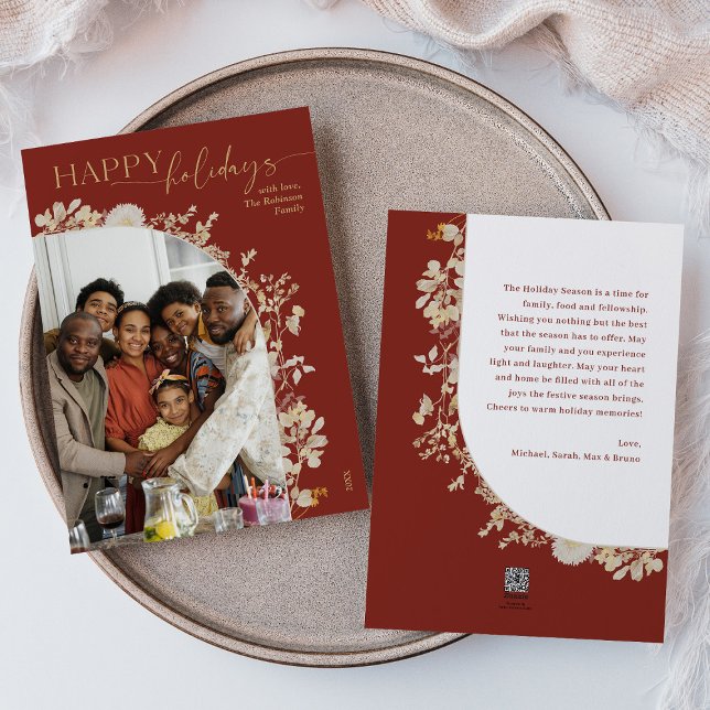 Modern Röd Guld Blommig 1 Foto Båge Högtidskort Julkort (Skapare uppladdad)