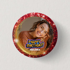 Modern röd & guld glitter foto namn 16-årsdag knapp
