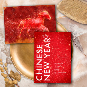 Modern röd guld glitterhäst 2026 Lunar New Year Inbjudningar