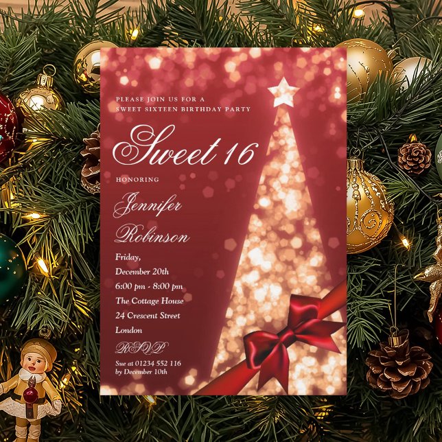 Modern röd guld julgran båge Sweet 16 födelsedag  Inbjudningar (Modern Red Gold Xmas Tree Bow Sweet 16 Birthday Invitation)