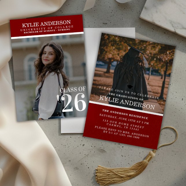 Modern röd högskoleexamen senior foto inbjudningar (Modern Red College Graduation Senior Photo Invitation)
