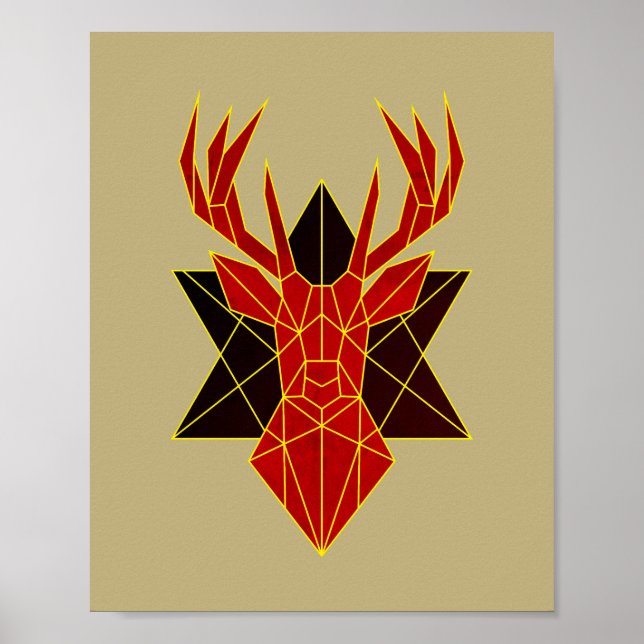 Modern röd illustration av hjorten Geometric Art Poster (Framsidan)