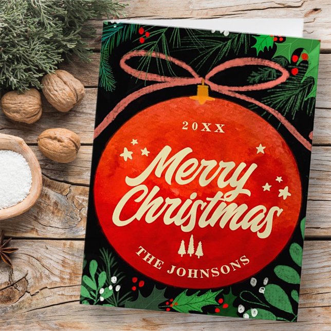 Modern Röd Jul Boll Ornament Botanisk Helgkort (Skapare uppladdad)