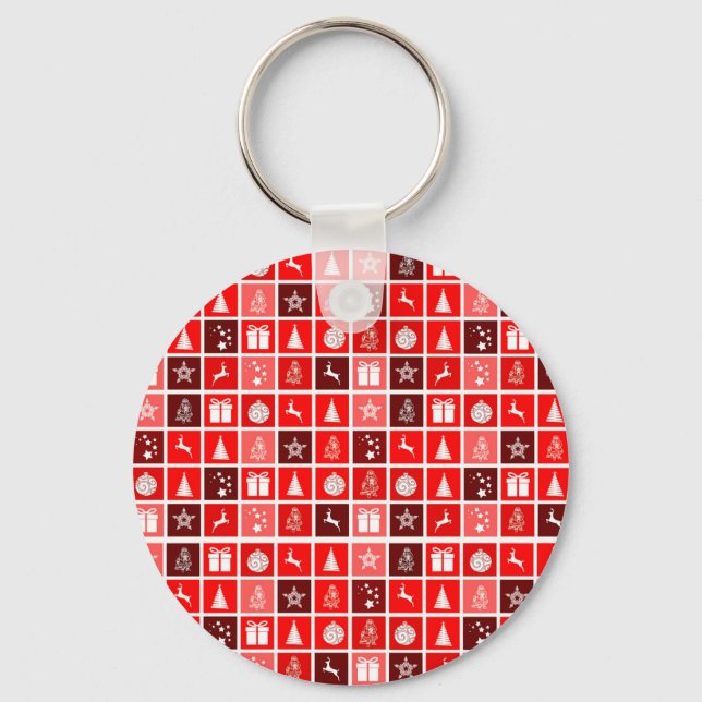Modern Röd Jul Rutigt Mönster Minimalistisk Nyckelring (Framsida)
