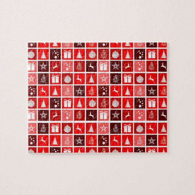 Modern Röd Jul Rutigt Mönster Minimalistisk Pussel (Horisontell)