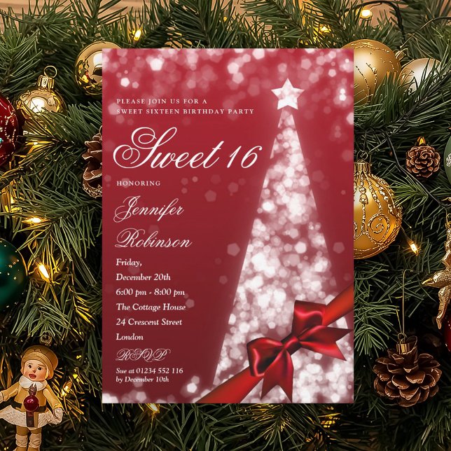 Modern röd julgran båge Sweet 16 födelsedagsfest Inbjudningar (Modern Red Xmas Tree Bow Sweet 16 Birthday Party Invitation)