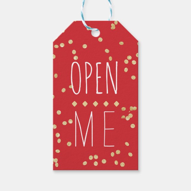 Modern röd konfetti Öppna mig, typografi jul Presentetikett (Framsidan)