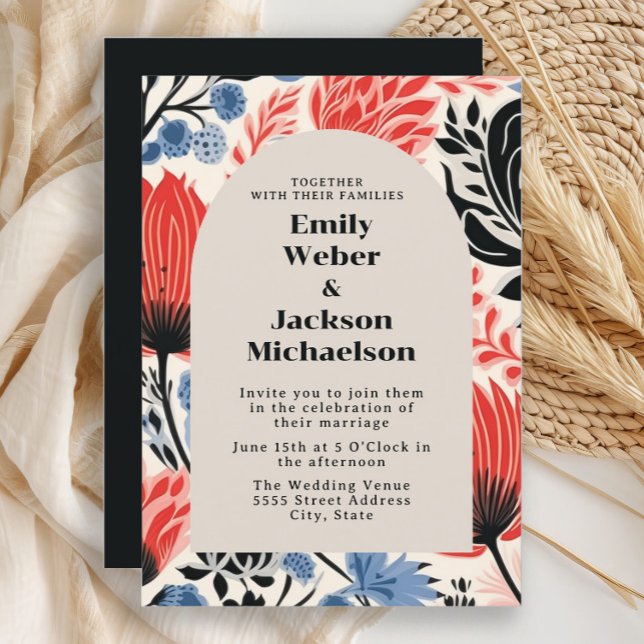 Modern röd krämig marinblå valv vigsel  inbjudningar (Red, black, and blue retro-style flowers wedding invitation)